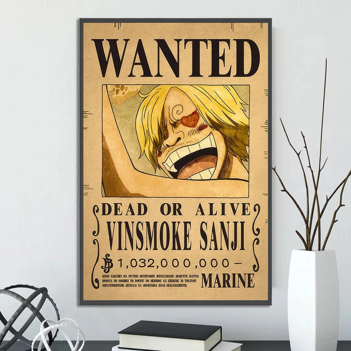 Decorbites™ anime one piece piece poster set featuring vintage-style sanji wanted poster wall art on aged parchment
