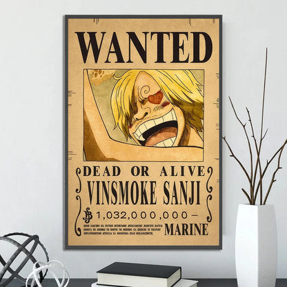 Decorbites™ anime one piece piece poster set featuring vintage-style sanji wanted poster wall art on aged parchment