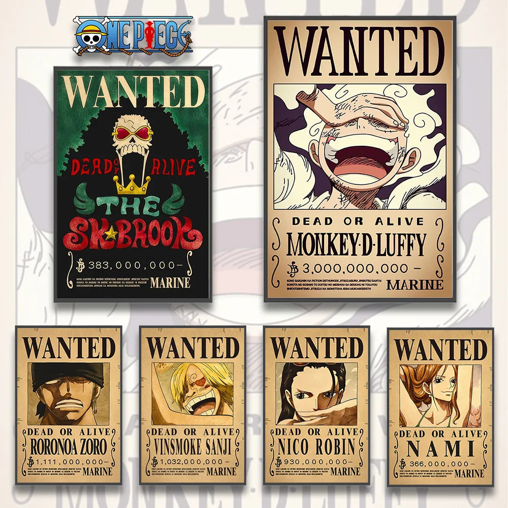 Vintage-style one piece poster set featuring detailed wanted posters of luffy zoro and nami for home wall art by decorbites™
