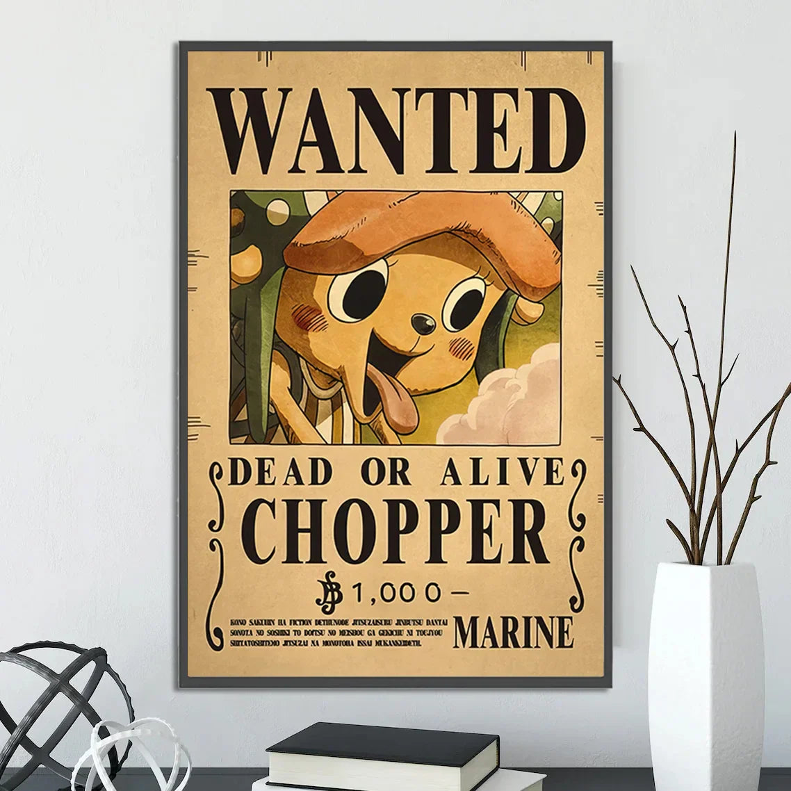 Vintage-style chopper wanted poster on beige textured paper with black lettering in a dark frame wall art from decorbites™ one piece poster set