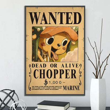 Vintage-style chopper wanted poster on beige textured paper with black lettering in a dark frame wall art from decorbites™ one piece poster set