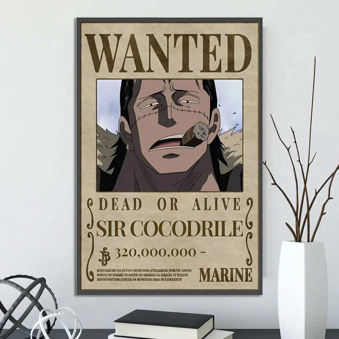 A framed decorbites™ anime one piece poster featuring a sepia sir cocodrile wanted notice on aged parchment wall art
