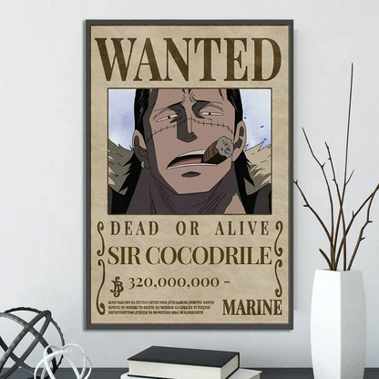 A framed decorbites™ anime one piece poster featuring a sepia sir cocodrile wanted notice on aged parchment wall art