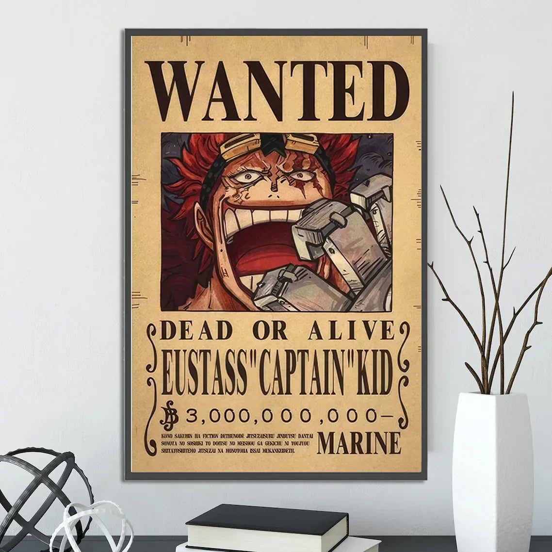 Vintage-style eustass kid piece poster printed on beige canvas with bold black lettering in decorbites™ wall art set