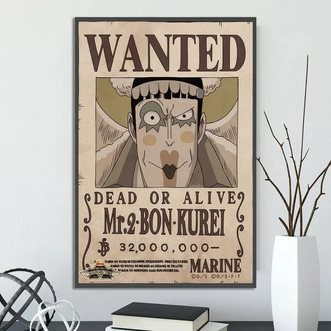 A framed vintage style wanted poster in sepia tones from the DecorBites™ anime one piece poster set wall art