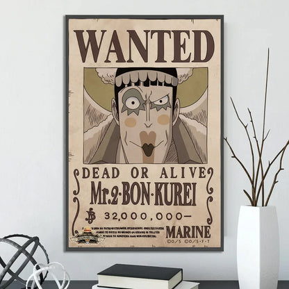A framed vintage style wanted poster in sepia tones from the DecorBites™ anime one piece poster set wall art