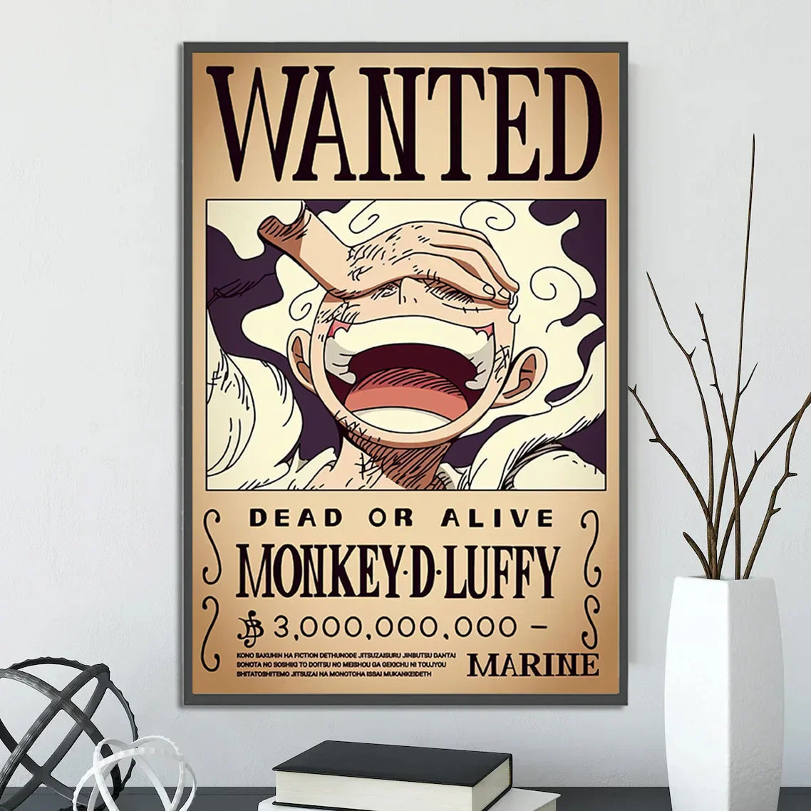 A framed DecorBites™ anime One Piece poster featuring monkey d with a wide laughing mouth in a wanted style wall art piece poster set