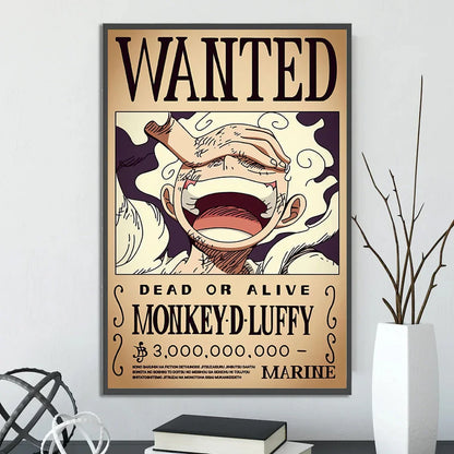 A framed DecorBites™ anime One Piece poster featuring monkey d with a wide laughing mouth in a wanted style wall art piece poster set