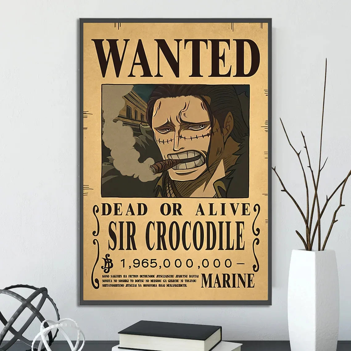 Vintage-style wall art featuring sir crocodile wanted poster printed on beige canvas in decorbites™ anime one piece poster set