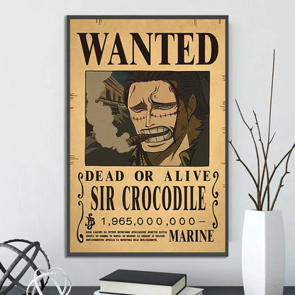 Vintage-style wall art featuring sir crocodile wanted poster printed on beige canvas in decorbites™ anime one piece poster set