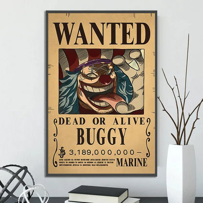 Vintage style wanted poster with cartoon clown featuring teal hair red nose and purple headband in decorbites™ one piece poster set wall art