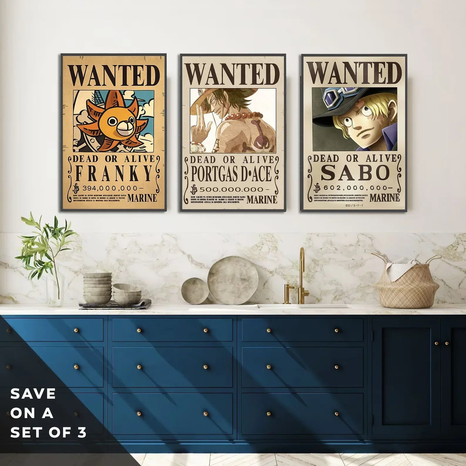 Set of three framed anime one piece wanted posters featuring franky and portgas d for wall art decorBites™ piece poster set