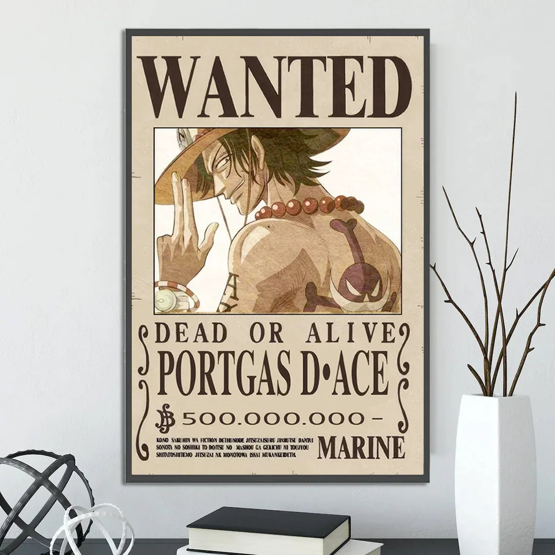 A framed vintage style wanted notice of Portgas D in the DecorBites™ anime one piece poster set wall art