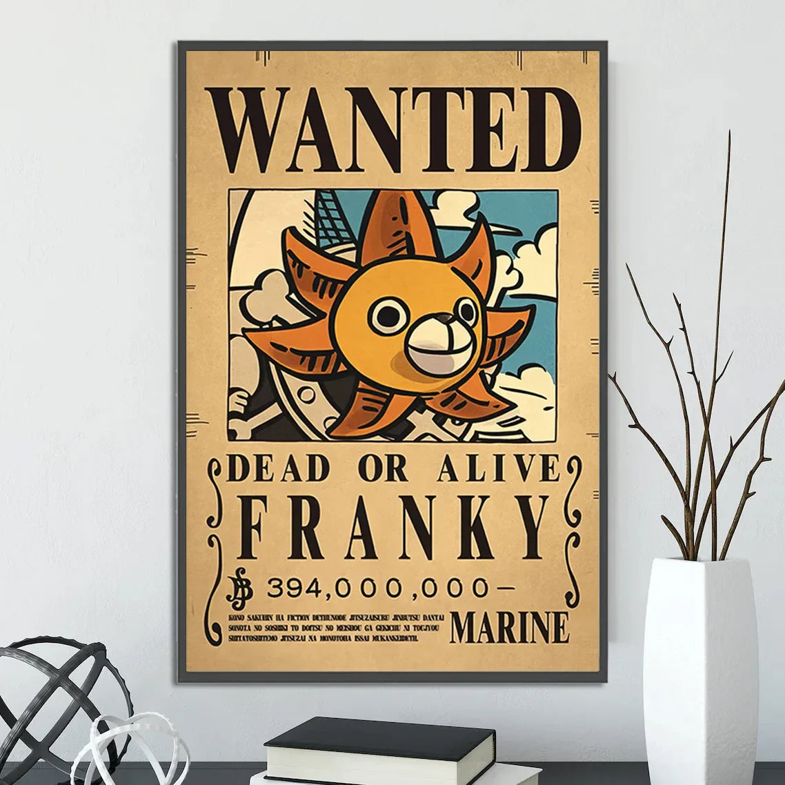 DecorBites™ anime one piece piece poster set featuring vintage-style wanted poster wall art with cartoon sun character