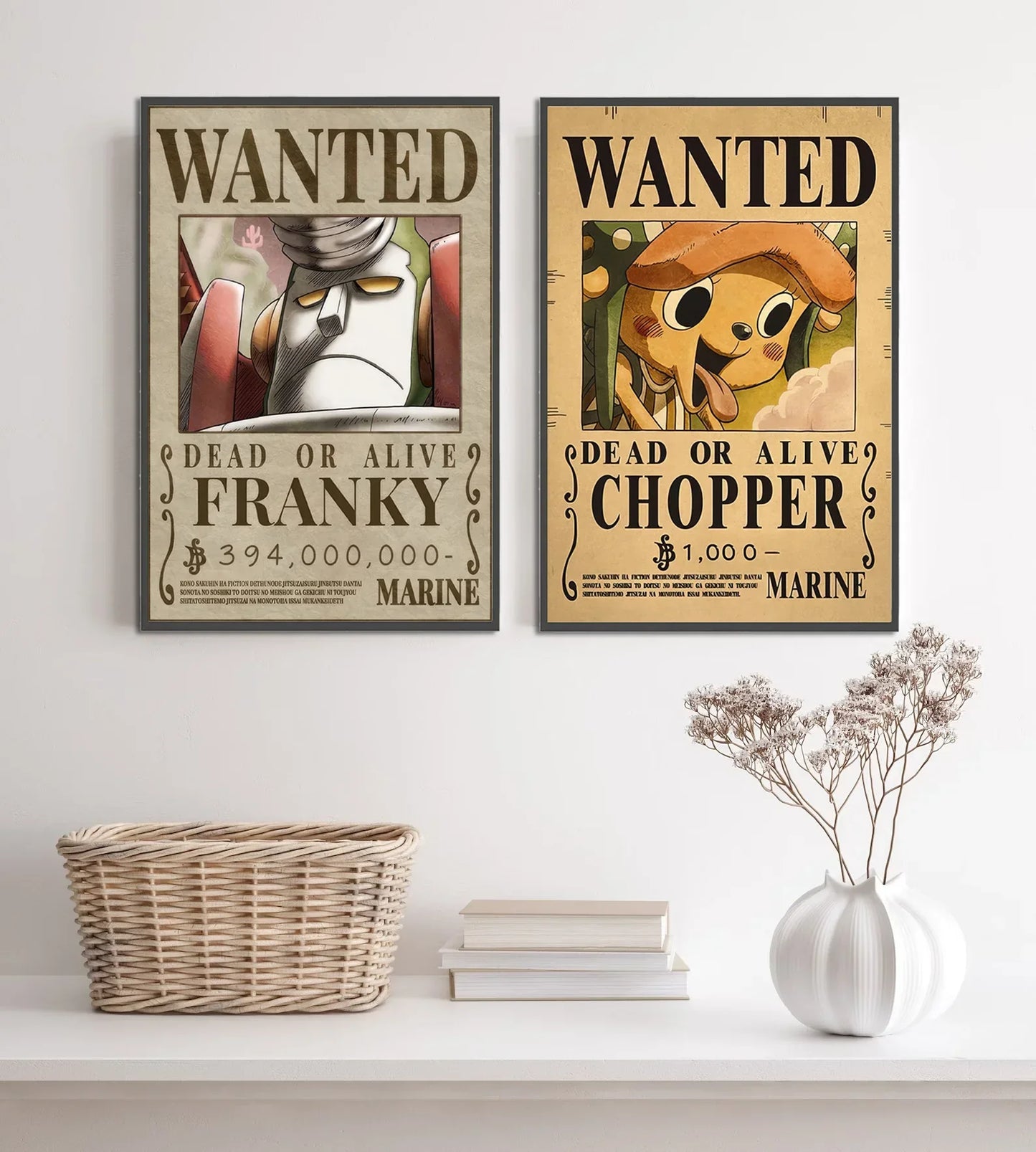 Two framed wanted posters of franky and chopper on vintage paper in decorbites™ anime one piece wall art set