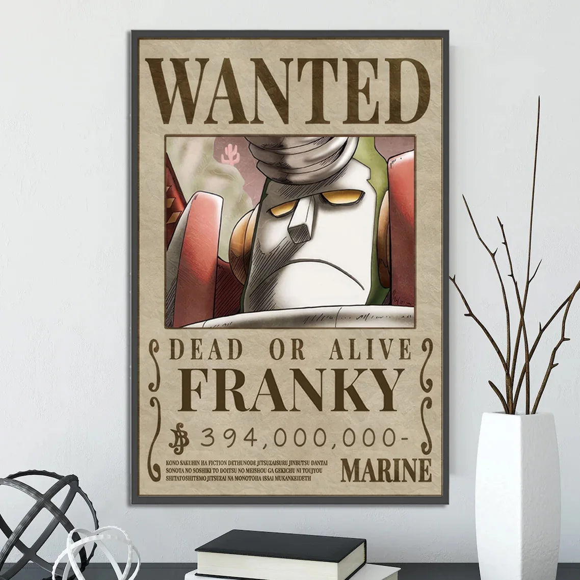A framed decorbites™ anime one piece poster set featuring sepia toned wanted notice wall art of franky on aged paper
