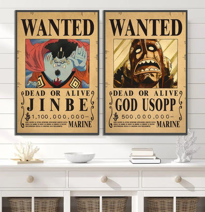Two framed vintage-style beige paper piece poster set featuring jinbe and god usopp anime wall art by decorbites