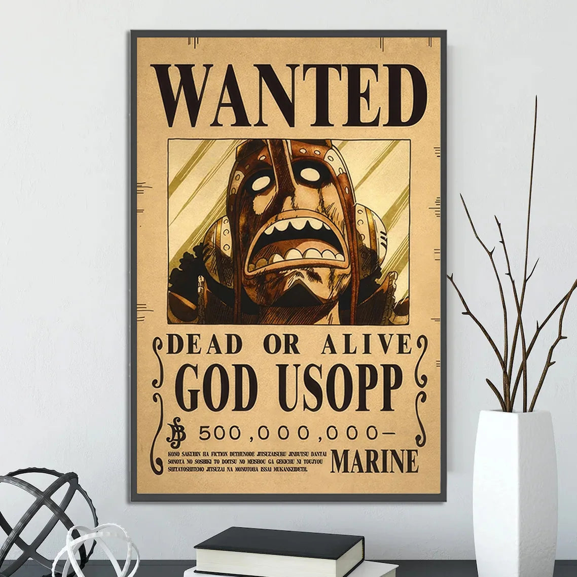 Vintage-style beige canvas wall art featuring god usopp wanted poster from decorbites™ anime one piece poster set