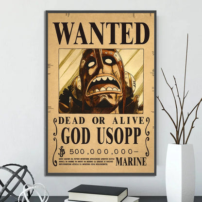 Vintage-style beige canvas wall art featuring god usopp wanted poster from decorbites™ anime one piece poster set