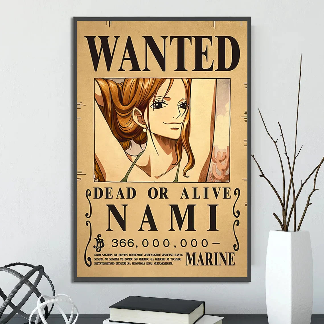 Vintage-style nami wanted poster printed on beige textured paper with black ink in a dark frame from decorbites anime one piece poster set wall art