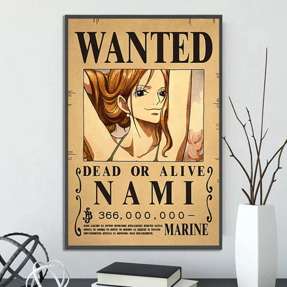 Vintage-style nami wanted poster printed on beige textured paper with black ink in a dark frame from decorbites anime one piece poster set wall art