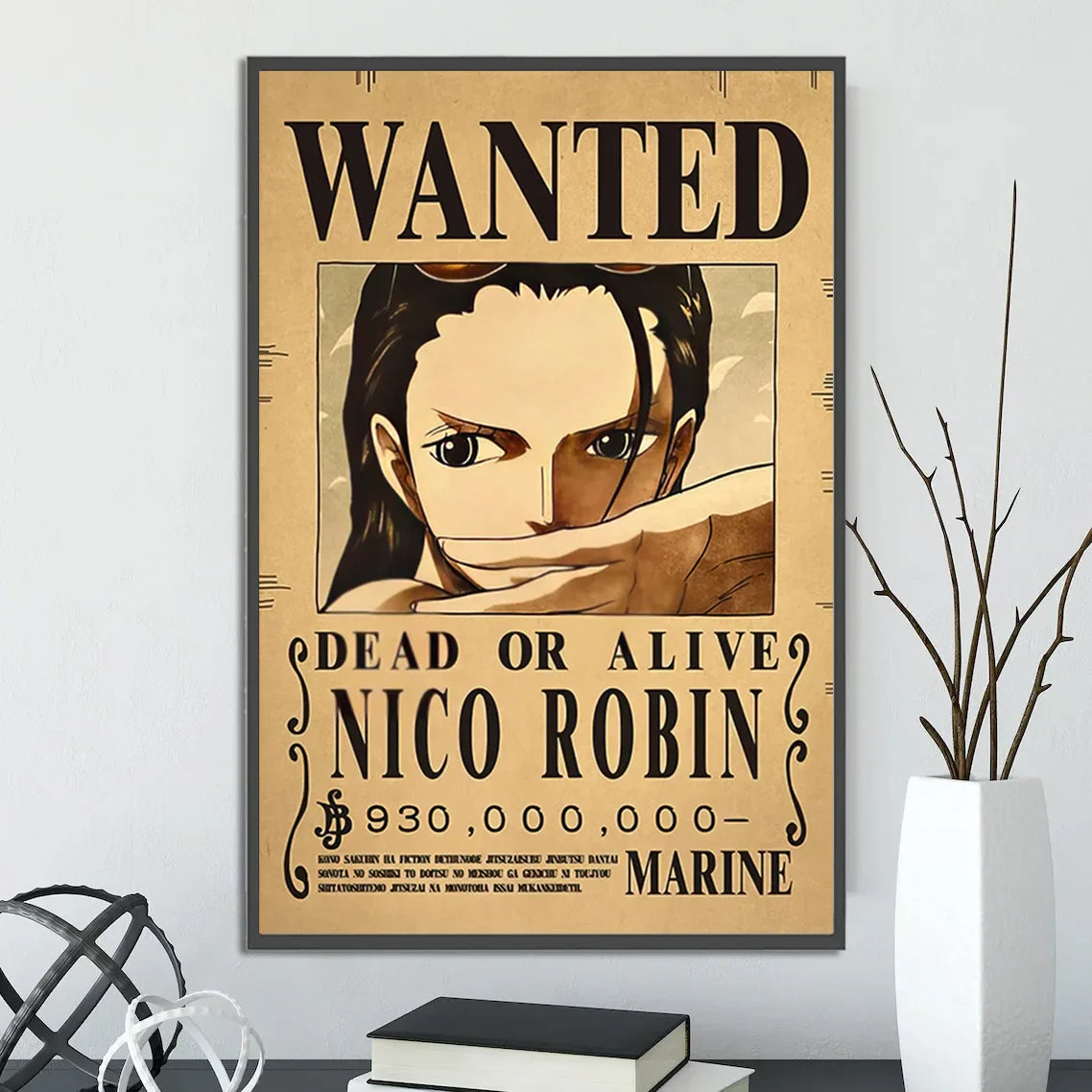Vintage-style nico robin one piece poster on beige canvas with bold black lettering and ornate borders for wall art set