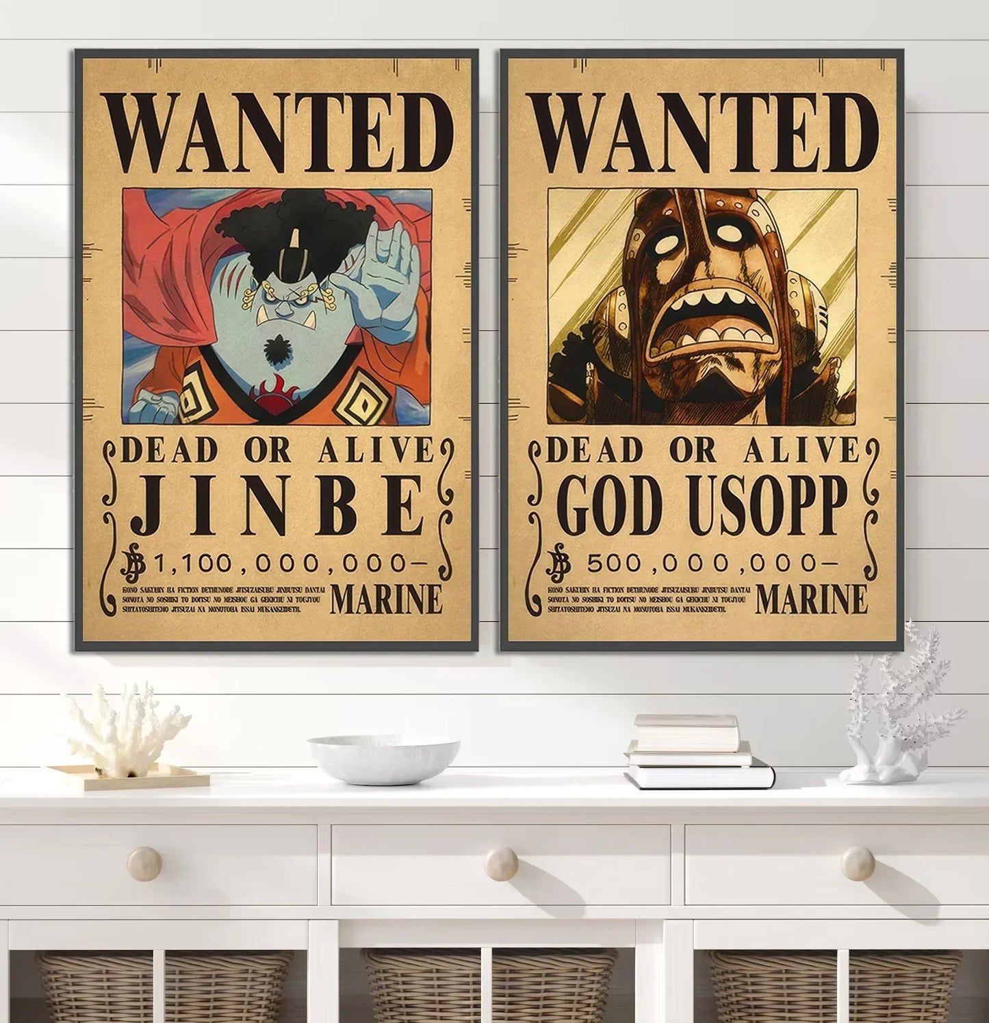 Decorbites™ anime one piece wall art featuring two vintage-style beige piece posters of jinbe and god usopp