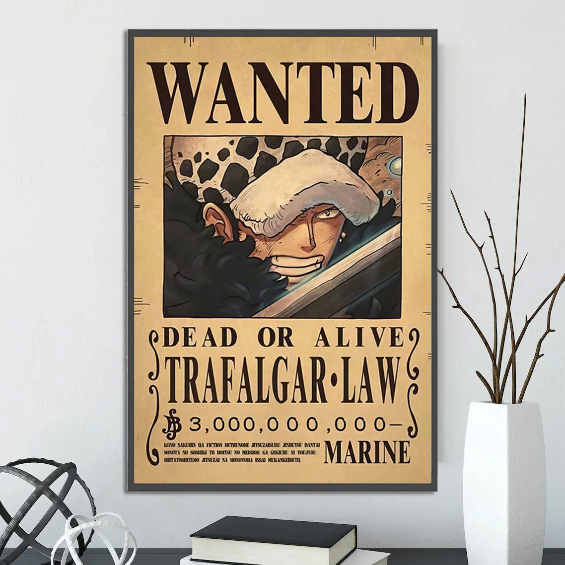 A framed decorbites™ anime one piece poster set featuring sepia-toned trafalgar law wanted wall art on aged parchment