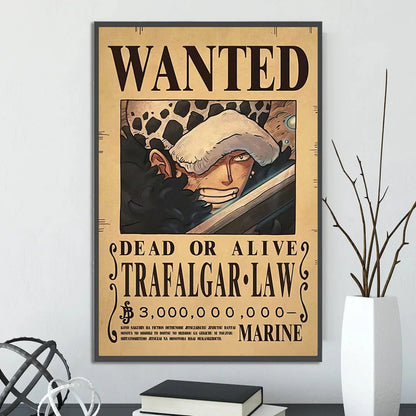 A framed decorbites™ anime one piece poster set featuring sepia-toned trafalgar law wanted wall art on aged parchment