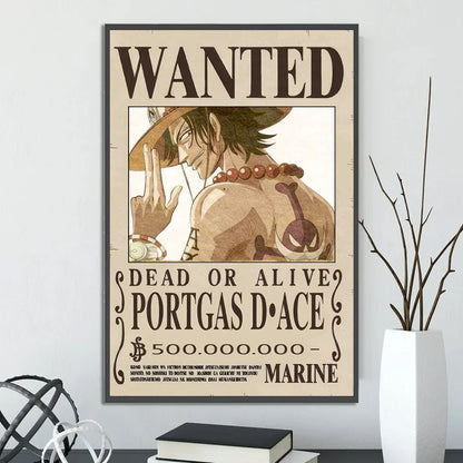 A framed vintage-style wanted notice poster of portgas d in the DecorBites™ anime one piece poster set wall art