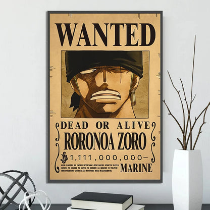 Vintage-style wanted poster of roronoa zoro on textured beige paper with bold black lettering in decorbites anime one piece poster set wall art