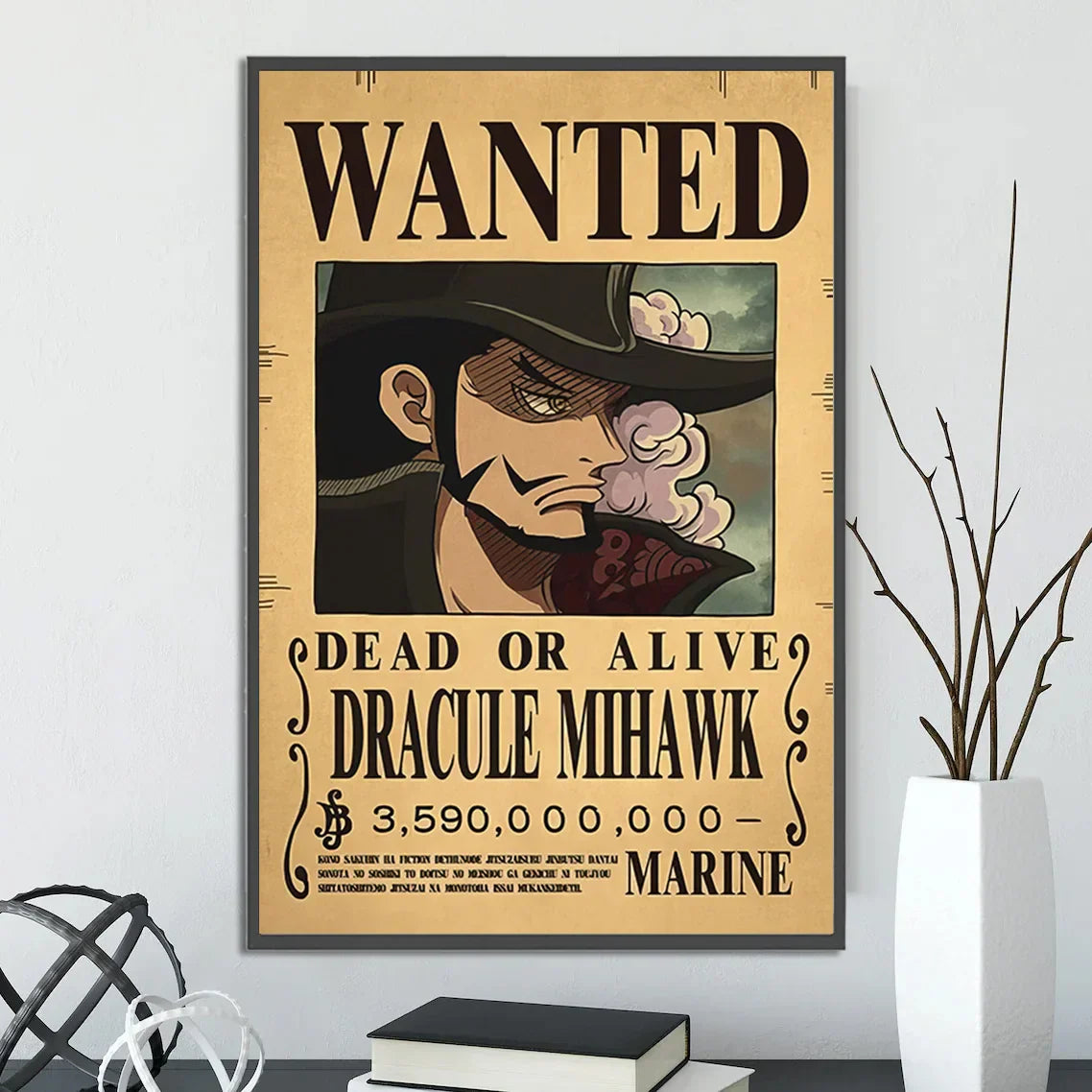 Vintage-style beige canvas wall art featuring dracule mihawk wanted poster from decorbites anime one piece poster set