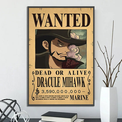 Vintage-style beige canvas wall art featuring dracule mihawk wanted poster from decorbites anime one piece poster set