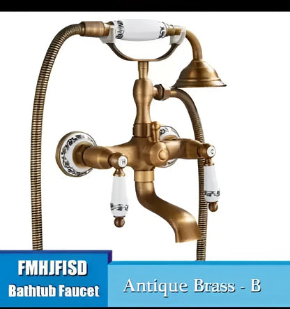 DecorBites™ antique brass wall mounted shower mixer set with white ceramic handles and decorative vintage spout