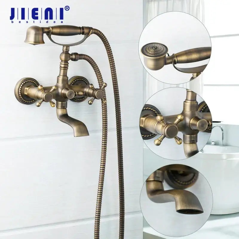 DecorBites Antique brass wall mounted shower mixer set with vintage style cross-handle faucet and handheld showerhead
