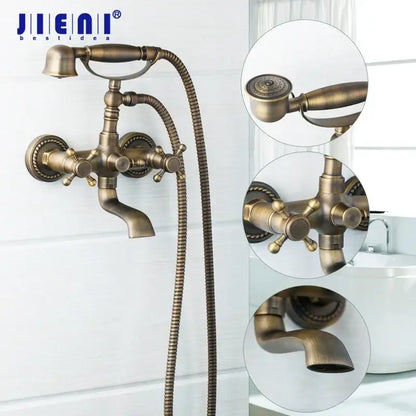 DecorBites Antique brass wall mounted shower mixer set with vintage style cross-handle faucet and handheld showerhead