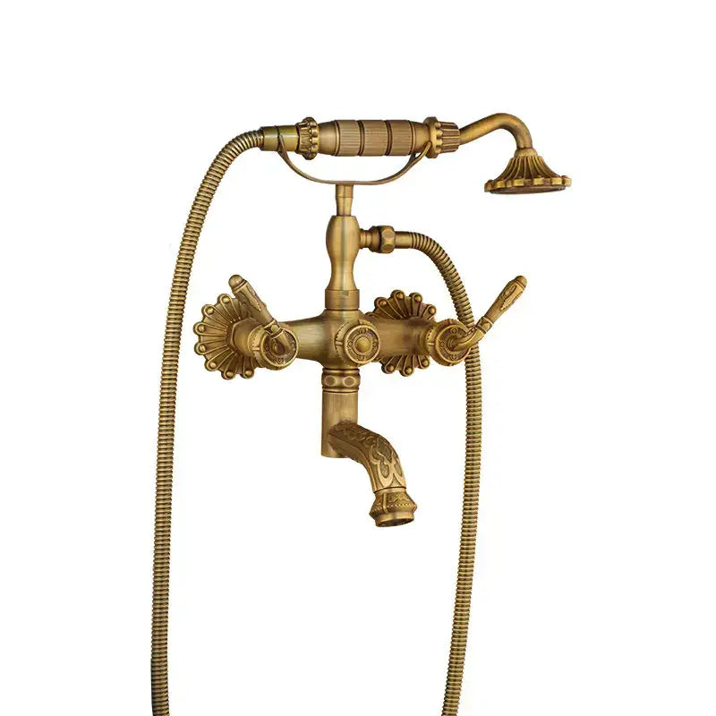 DecorBites™ antique brass wall mounted shower mixer set with vintage-style fluted handles and matching showerhead