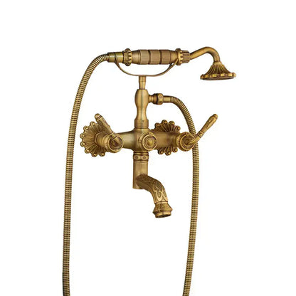 DecorBites™ antique brass wall mounted shower mixer set with vintage-style fluted handles and matching showerhead