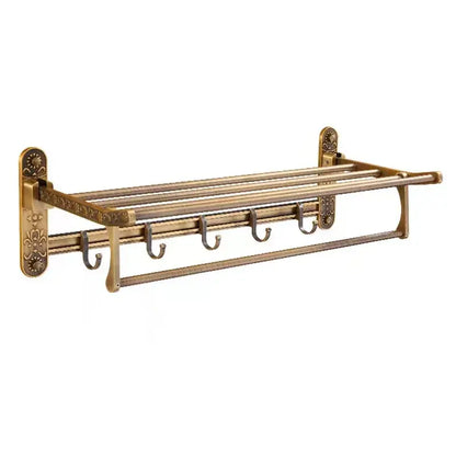 DecorBites™ antique brass towel rack with ornate floral mounting plates and five hooks included in bath hardware set with toilet brush holder