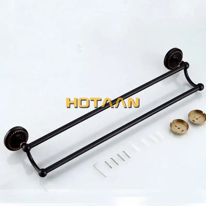 DecorBites antique black brass double towel bar 30-60cm with ornate circular wall mounts and matching hardware