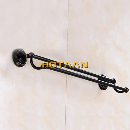 Decorbites antique black brass double towel bar 30-60cm with ornate circular wall mounts and polished metal finish