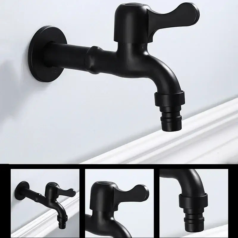 Decorbites antique black brass wall mount bibcock tap with black matte finish curved spout and integrated handle for outdoor use