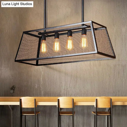 Decorbites antique black iron trapezoid suspension light with black metal mesh and four exposed edison bulbs restaurant island chandelier