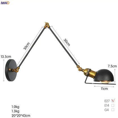 DecorBites antique black wall lamp with adjustable brass arm and dome-shaped shade vintage industrial sconce