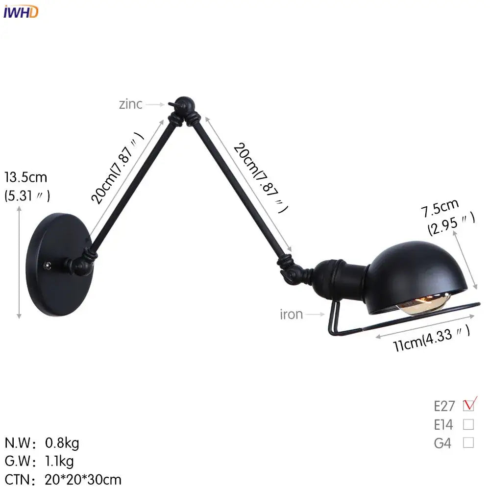 Adjustable black zinc and iron dome-shaped decorbites antique black wall lamp vintage industrial sconce