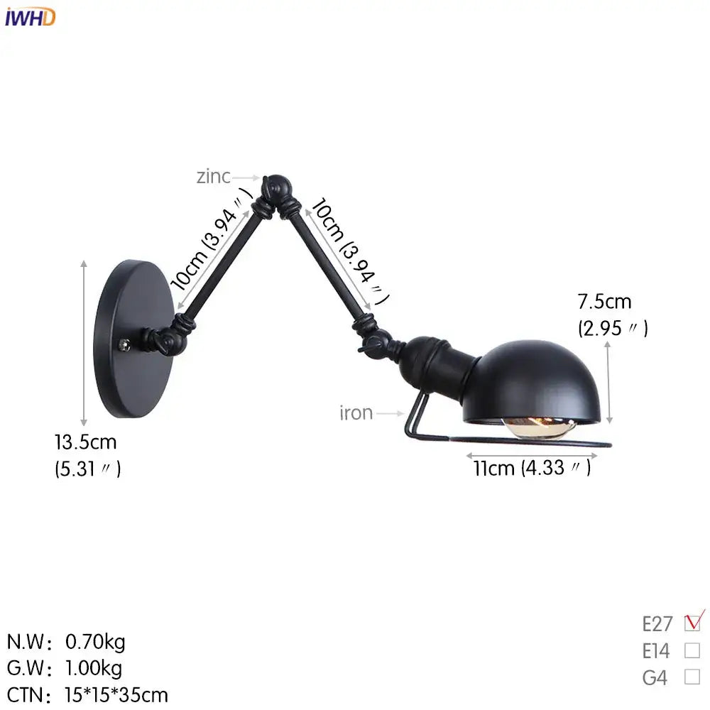 Decorbites antique black wall lamp with articulated zinc and iron arms and dome shade vintage industrial sconce