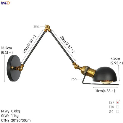 Decorbites antique black wall lamp with adjustable zinc and iron arms, matte black finish, and brass accents vintage industrial style