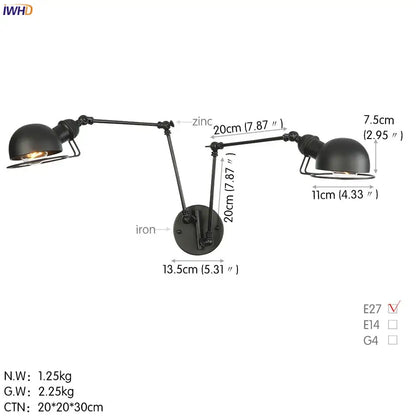 Decorbites antique black wall lamp with two adjustable iron and zinc arms and dome shades in vintage industrial style
