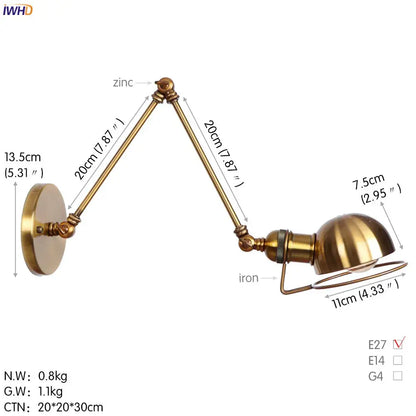Brass-finished adjustable wall lamp with articulated arms and dome shade for decorbites antique black wall sconce