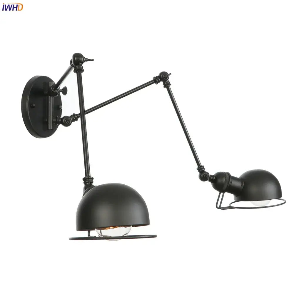 Decorbites antique black wall lamp with matte finish, adjustable arms, and dome-shaped shades in vintage industrial style